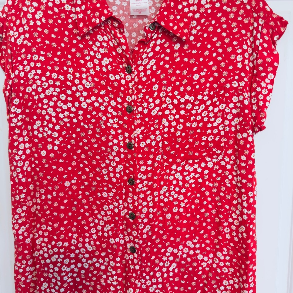 Red Floral Button-Up Blouse